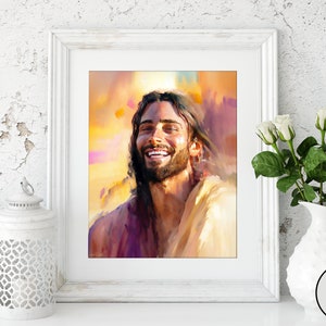 May include: A digital painting of a man with long brown hair and a beard smiling. He is wearing a light brown robe and the background is a warm sunset.