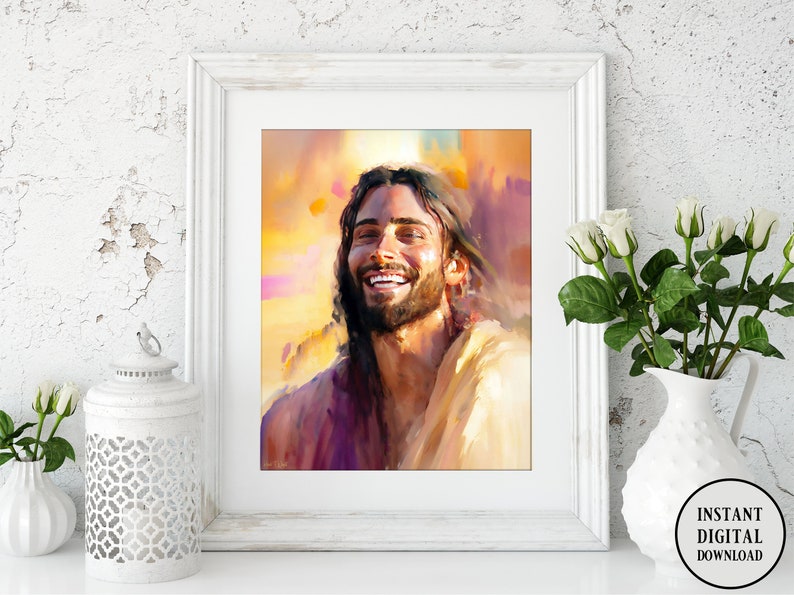 May include: A digital painting of a man with long brown hair and a beard smiling. He is wearing a light brown robe and the background is a warm sunset.