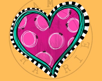 May include: A pink heart with white polka dots and a black and white striped border. The heart is outlined in teal and has a white background.