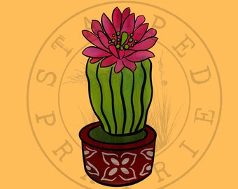 May include: A pink flowering cactus in a red and white patterned pot. The cactus is green and has a long, slender shape. The pot is sitting on a yellow background with a brown circle around it that says "SPRITED"