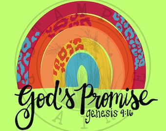 May include: A rainbow with a leopard print pattern and the text "God's Promise Genesis 9:16" on a green background.