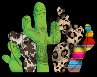 May include: A digital illustration of five cacti with different patterns. The cacti are green, brown, and white with a cow print pattern, tan with a leopard print pattern, and red, yellow, blue, and green stripes.