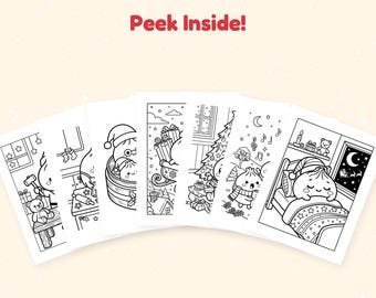 May include: A set of six black and white coloring pages featuring cartoon characters in holiday scenes, with the text Peek Inside! at the top. The illustrations include characters baking, sitting in a steamer, riding a sleigh, and sleeping in a bed.