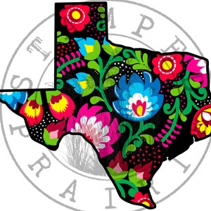 May include: A colorful floral pattern in shades of red, pink, blue, yellow, and green is arranged in the shape of the state of Texas. The background is black with white polka dots.