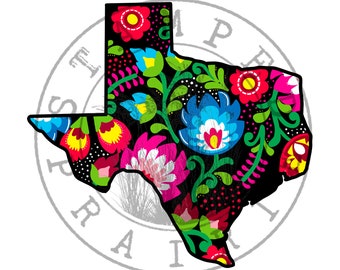 May include: A colorful floral pattern in shades of red, pink, blue, yellow, and green is arranged in the shape of the state of Texas. The background is black with white polka dots.