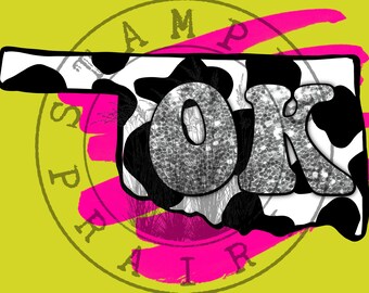 May include: A black and white cow print outline of the state of Oklahoma with the word "OK" in sparkly silver letters. The outline is partially covered by a pink paint splatter. A black and white circle with the words "State Fair" in black letters is in the background.