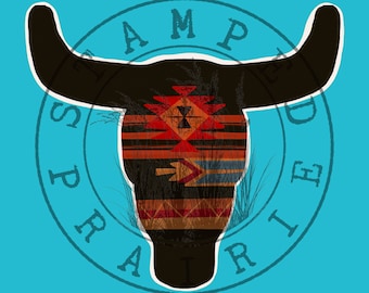 May include: A black bull skull with a colorful geometric pattern inside. The skull is surrounded by a circle with the text "Stampede" written around it.