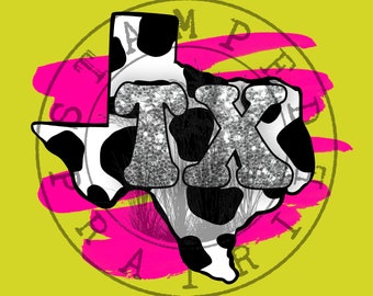 May include: A black and white cow print outline of the state of Texas with the letters "TX" in the center. The letters are glittery and the outline is surrounded by pink brushstrokes and a black circle with the words "Lone Star Empire" written around it.