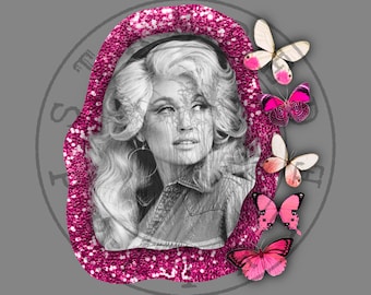 May include: A black and white portrait of a woman with blonde hair, framed in a pink glitter circle. The circle is surrounded by pink and white butterflies.