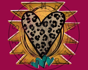 May include: Digital art print featuring a leopard print heart at the center, surrounded by a gold sunburst design. Three teal hearts are at the bottom. The background is a deep magenta color.