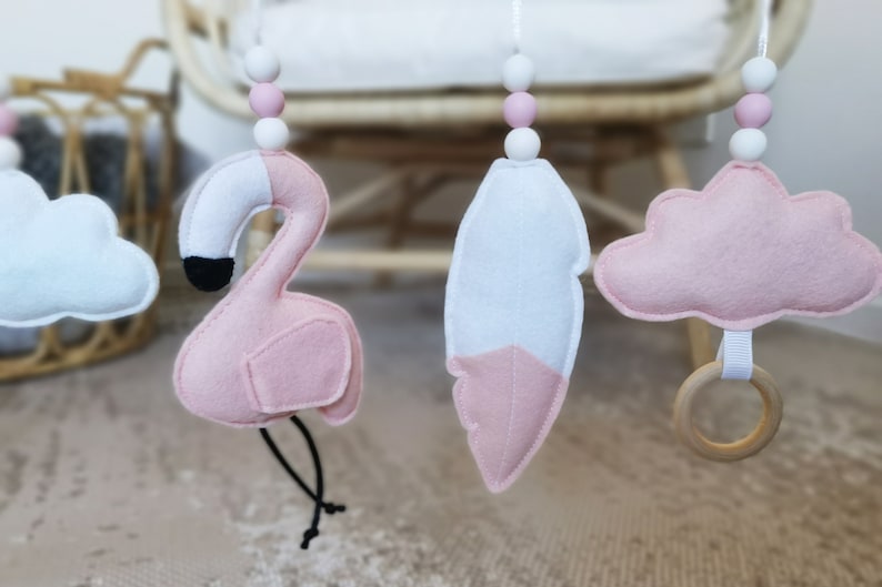 Set of Baby Gym Toys, Flamingo and Cactus Felt Hanging Toys, Pastel Nursery Decor image 4