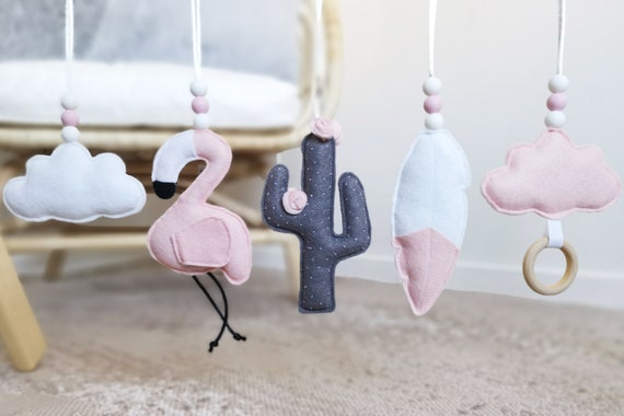 Set of Baby Gym Toys, Flamingo and Cactus Felt Hanging Toys, Pastel Nursery Decor