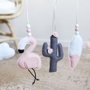 Set of Baby Gym Toys, Flamingo and Cactus Felt Hanging Toys, Pastel Nursery Decor image 2