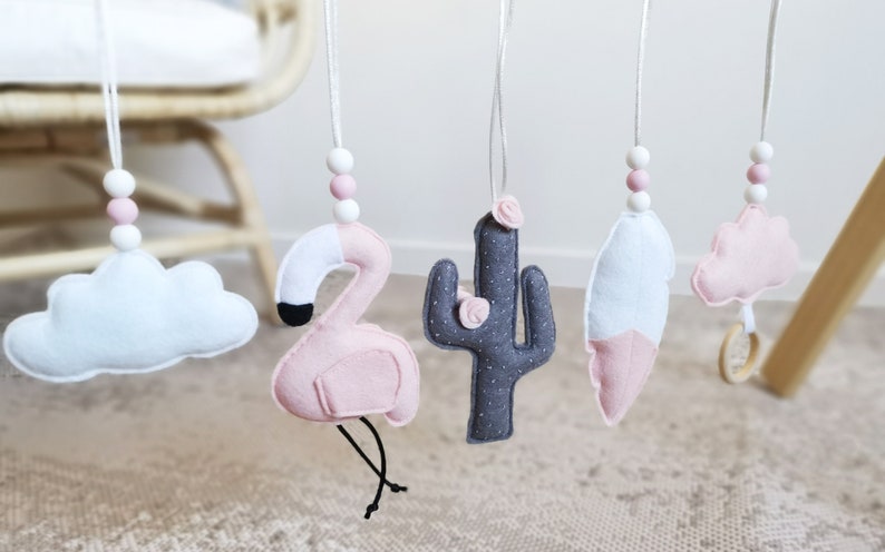 Set of Baby Gym Toys, Flamingo and Cactus Felt Hanging Toys, Pastel Nursery Decor image 2