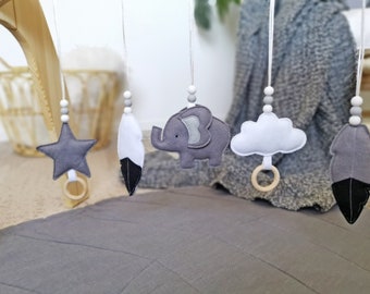 Set of Baby Gym Toys, Elephant and Cloud Felt Hanging Toys, Monochrome Nursery Decor