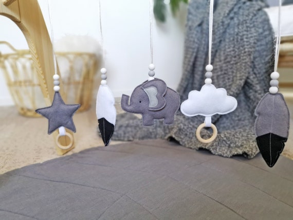Set of Baby Gym Toys, Elephant and Cloud Felt Hanging Toys, Monochrome Nursery Decor