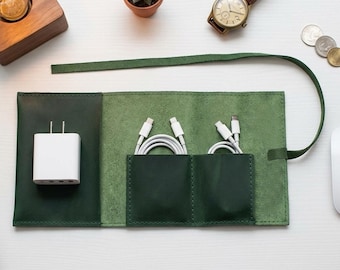 Custom Leather Cord Organizer, Personalized Cable Holder, Engraved Tech Pouch, Charger Organizer, Leather Travel Electronics Case,