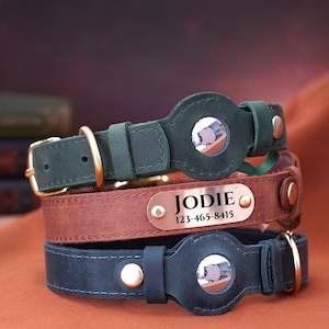 Personalized AirTag Dog Collar, Custom Leather Pet Collar with Airtag Holder, Engraved Dog Collar with Name, Pet ID Tag Collar, Puppy Collar