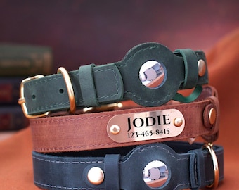 Personalized AirTag Dog Collar, Custom Leather Pet Collar with Airtag Holder, Engraved Dog Collar with Name, Pet ID Tag Collar, Puppy Collar