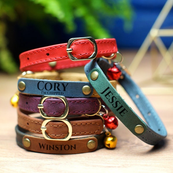 Leather Cat Collar with Bell, Personalized Cat Collar with Metal Buckle, Boy Cat Collar, Kitten Collar, Soft Cat Collar with Engraved ID Tag