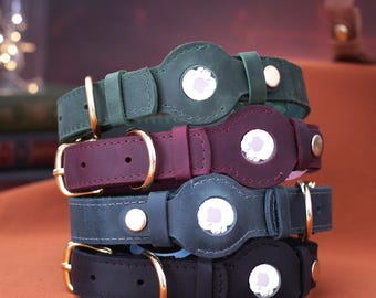 Personalized Leather Dog Collar with AirTag Holder, Custom Airtag Dog Collar, Air Tag Pet Collars with Engraved ID Tag, Safety Dog Collar