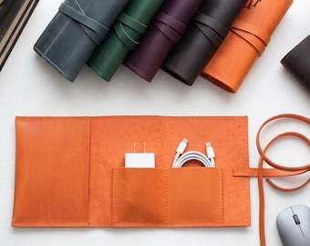 Personalized Leather Cable Organizer, Custom Cord Holder, Christmas Gifts, Engraved Charger Case, Travel Tech Accessories