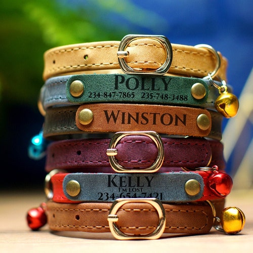 Personalized Cat Collar With Name Tag Leather Green Cat Etsy