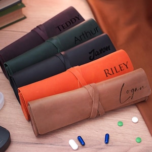 Engraved Leather Pill Organizer with Pill Box, Personalized Travel Medication Case, Mom Gifts, Pill Storage Holder for Medications Vitamins