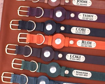 AirTag Leather Dog Collar, Pet Collar with ID Nameplate, Personalized Dog Collar with Airtag Holder, Air Tag Collar for Dogs Small Large