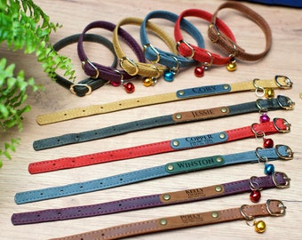 Cat Collar Personalized, Engraved Cat Collar with Bell, Custom Cat Collar, Leather Cat Collar with Name, Cute Cat Collar Red Blue Yellow