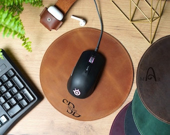 Custom Mouse Pad Leather, Personalized Round Mouse Pad, Office Desk Accessories, Engraved Mousepad Computer Laptop, Top Grain Leather Pad