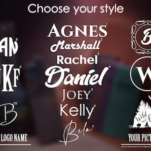 May include: Image featuring various design styles for personalization. Text includes names like Agnes, Daniel, and Joey, along with logo options. The phrase "Choose your style" is at the top, and "Your logo name" and "Your picture" are at the bottom.