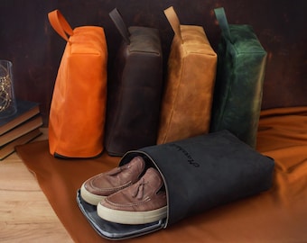 Personalized Leather Shoe Bag, Custom Travel Shoe Organizer, Gift for Him, Leather Shoe Case, Leather Travel Holder, Groomsmen Gifts