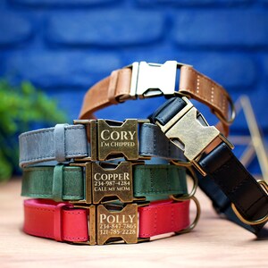 May include: Four personalized dog collars stacked on top of each other. The collars are made of different materials and colors, including brown leather, black leather, green suede, and blue suede. Each collar has a brass buckle with engraved text, including the names "Cory", "Copper", "Polly", and phone numbers.