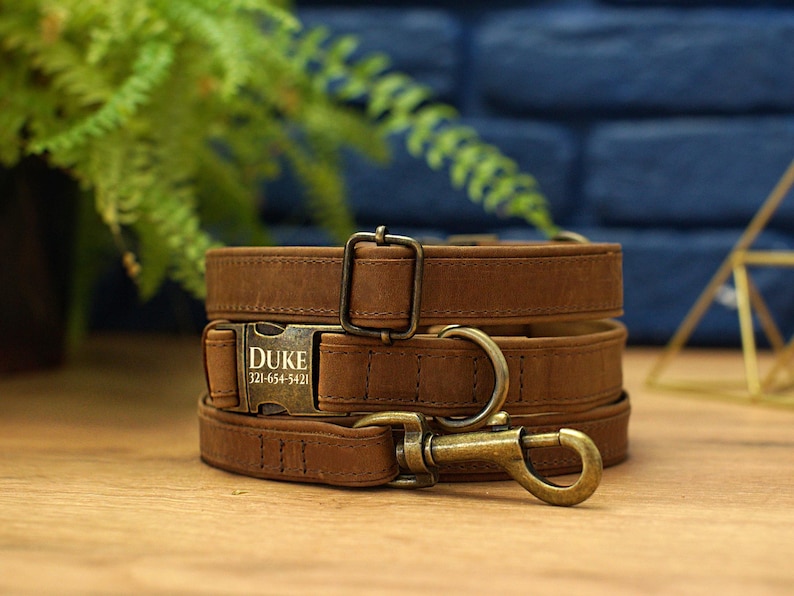 Puede incluir: Conjunto de collar y correa para perro de cuero marr&oacute;n con una etiqueta de metal personalizada que dice "DUKE 321-654-5421".