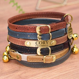 Personalized Leather Cat Collar, Safety Cat Collars with Elastic Strap, Kitten Collars, Custom Cat Collar with Bell, Boy Girl Cat Collar