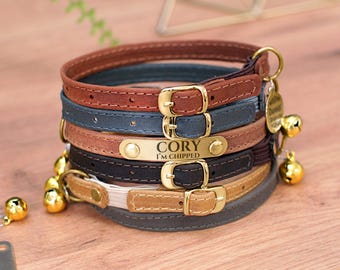 Collar de cuero personalizado para gatos, collares de seguridad con correa elástica, collares para gatitos, collar personalizado con cascabel, collar para gato niño niña