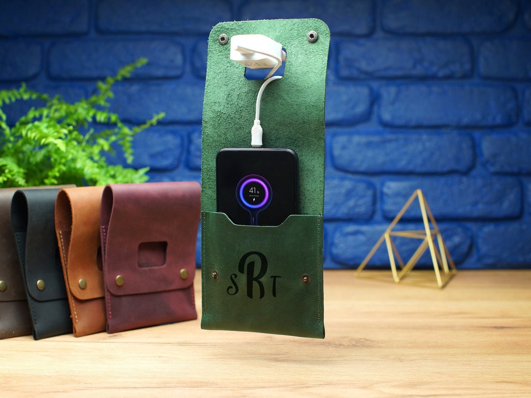 Leather Wall Charger Holder, Travel Charging Pouch, Personalized iPhone