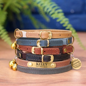Personalisiertes Katzenhalsband mit Metallnamen oder ID-Tag, benutzerdefinierte Lederkatzenhalsbänder, Sicherheits-Kätzchenhalsband mit Glocke, weiches Lederkatzenhalsband