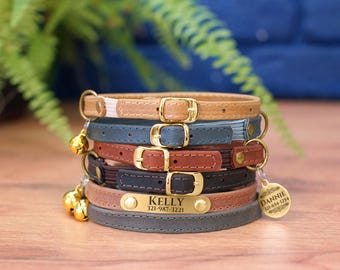 Personalisiertes Katzenhalsband mit Metallnamen oder ID-Tag, benutzerdefinierte Lederkatzenhalsbänder, Sicherheits-Kätzchenhalsband mit Glocke, weiches Lederkatzenhalsband
