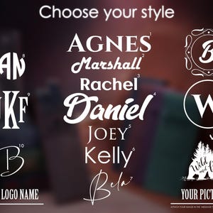 May include: Image featuring various design styles for personalization. Text includes names like Agnes, Daniel, and Joey, along with logo options. The phrase "Choose your style" is at the top, and "Your logo name" and "Your picture" are at the bottom.