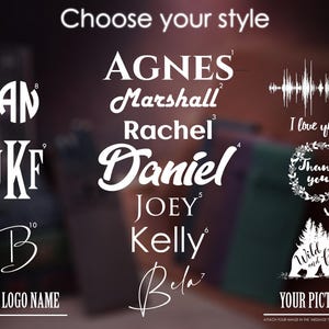 May include: A graphic showing 10 different logo styles for a business. The styles include a monogram, a handwritten name, a name in all caps, a sound wave, a wreath, a bear and trees, and a handwritten name with a flourish. The text "Choose your style" is at the top of the graphic.