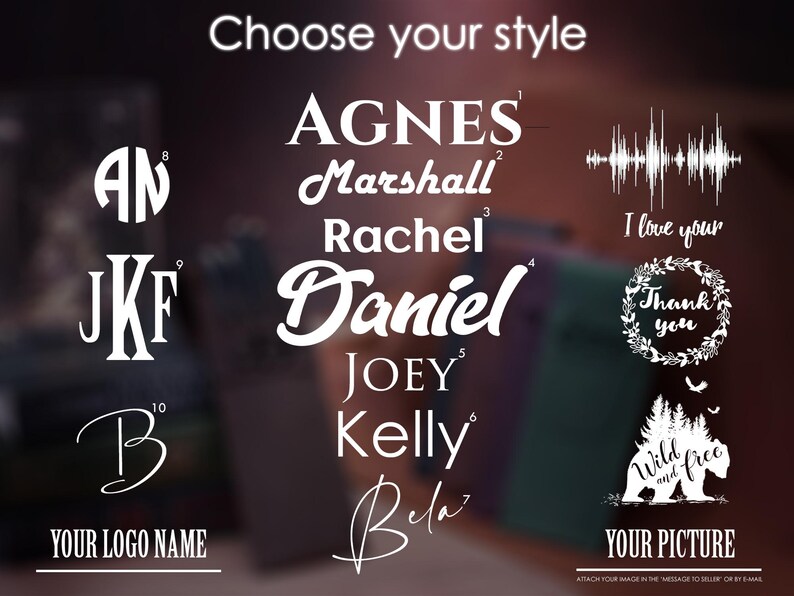 May include: A graphic showing 10 different logo styles for a business. The styles include a monogram, a handwritten name, a name in all caps, a sound wave, a wreath, a bear and trees, and a handwritten name with a flourish. The text "Choose your style" is at the top of the graphic.
