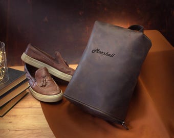 Custom Leather Shoe Bag, Engraved Shoe Pouch, Personalized Travel Case, Gift for Men, Leather Shoe Storage, Wedding Gift, Travel Organizer