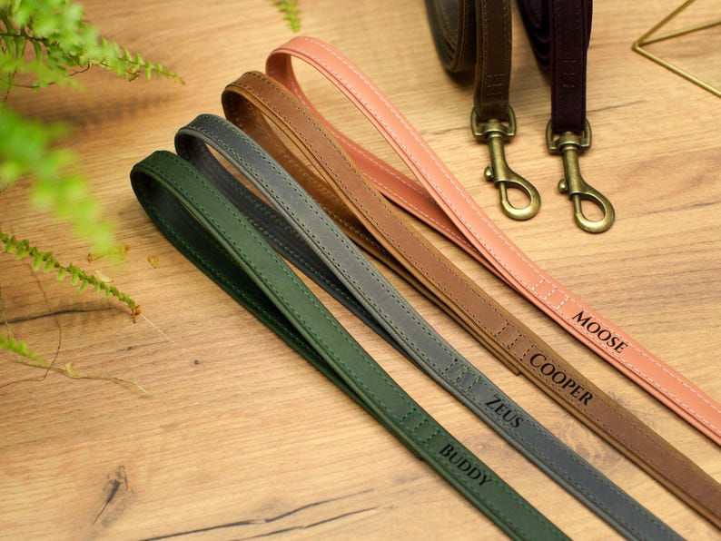 Puede incluir: Cinco correas de cuero para perros en diferentes colores con nombres personalizados: Buddy, Zeus, Cooper, Moose. Las correas est&aacute;n dispuestas en fila sobre una superficie de madera.