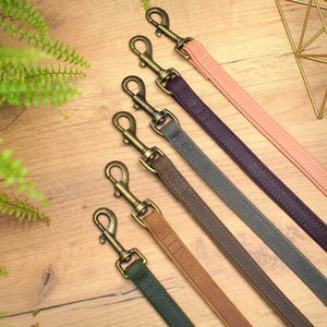 Puede incluir: Seis correas de cuero para perros en diferentes colores, incluyendo verde, marr&oacute;n, tostado, gris, morado y rosa. Cada correa tiene un gancho de lat&oacute;n.
