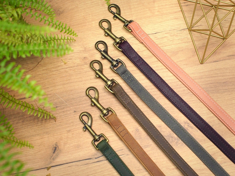 Puede incluir: Seis correas de cuero para perros en diferentes colores, incluyendo verde, marr&oacute;n, tostado, gris, morado y rosa. Cada correa tiene un gancho de lat&oacute;n.