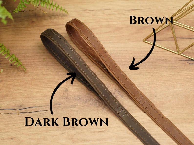 Puede incluir: Dos correas de cuero para perros, una marr&oacute;n oscuro y otra marr&oacute;n. Las correas est&aacute;n cosidas y tienen una textura lisa.