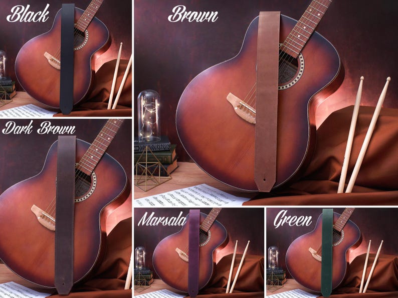 May include: A close-up of a guitar with different colored leather guitar straps. The straps are shown in black, brown, dark brown, marsala, and green.