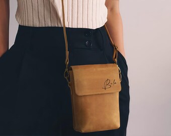 Engraved Leather Small Crossbody Bag, Personalized Shoulder Purse, Custom Travel Bag, Gifts for Her, Women’s Bag with One Compartment